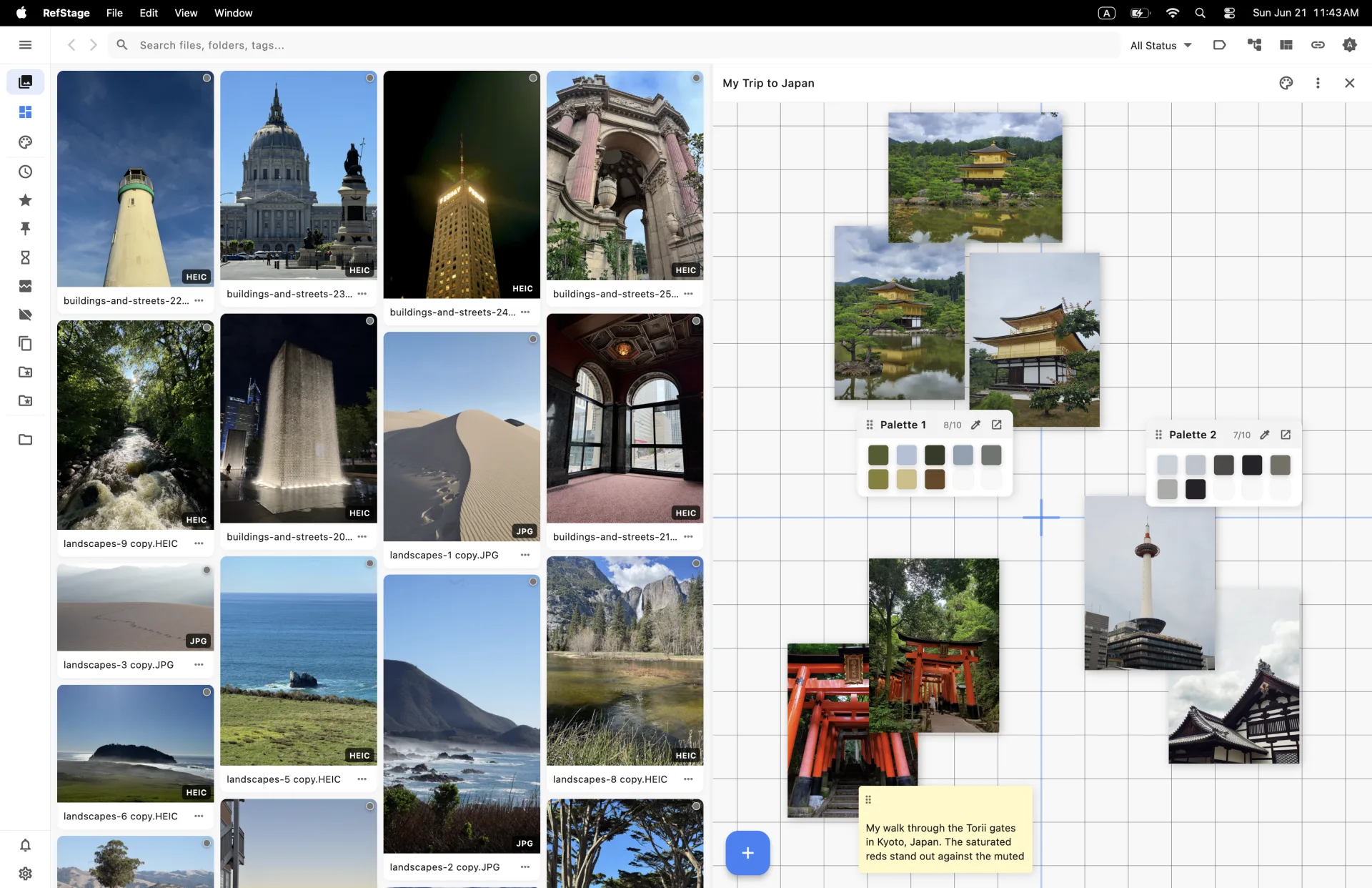 RefStage on macOS: a reference library beside a vision board canvas