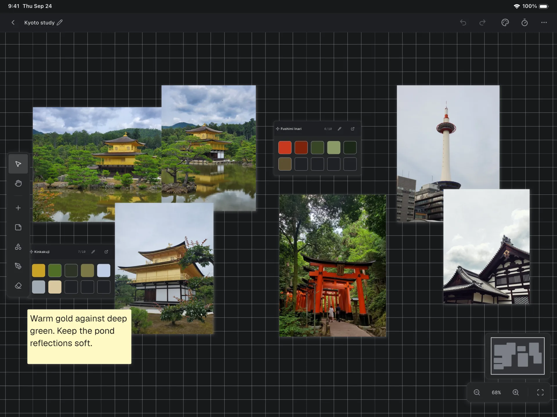 RefStage on iPad: a mood board with reference images, a sticky note and color palettes