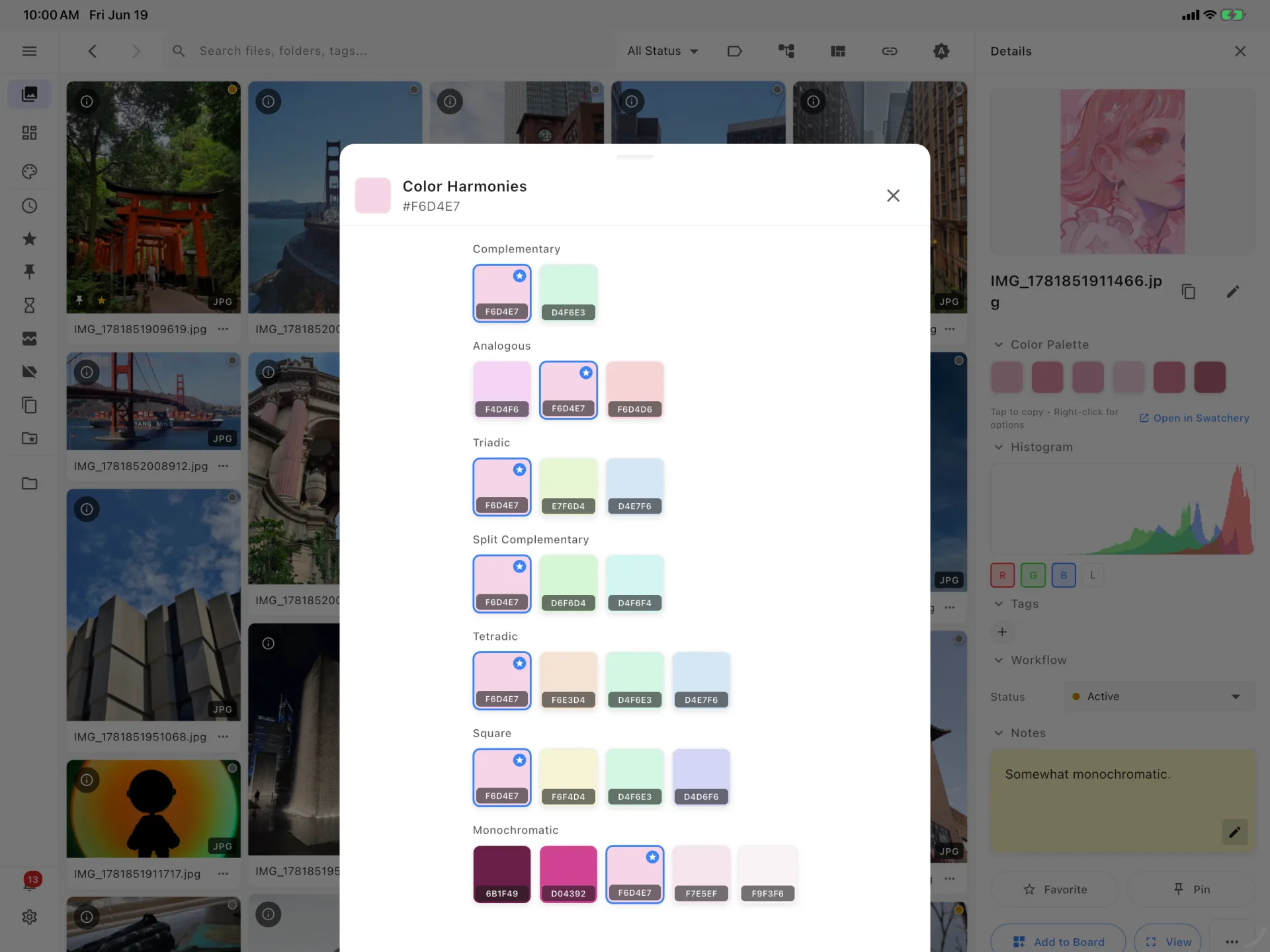 RefStage on iPad: color harmonies generated from a swatch, next to an image’s extracted palette